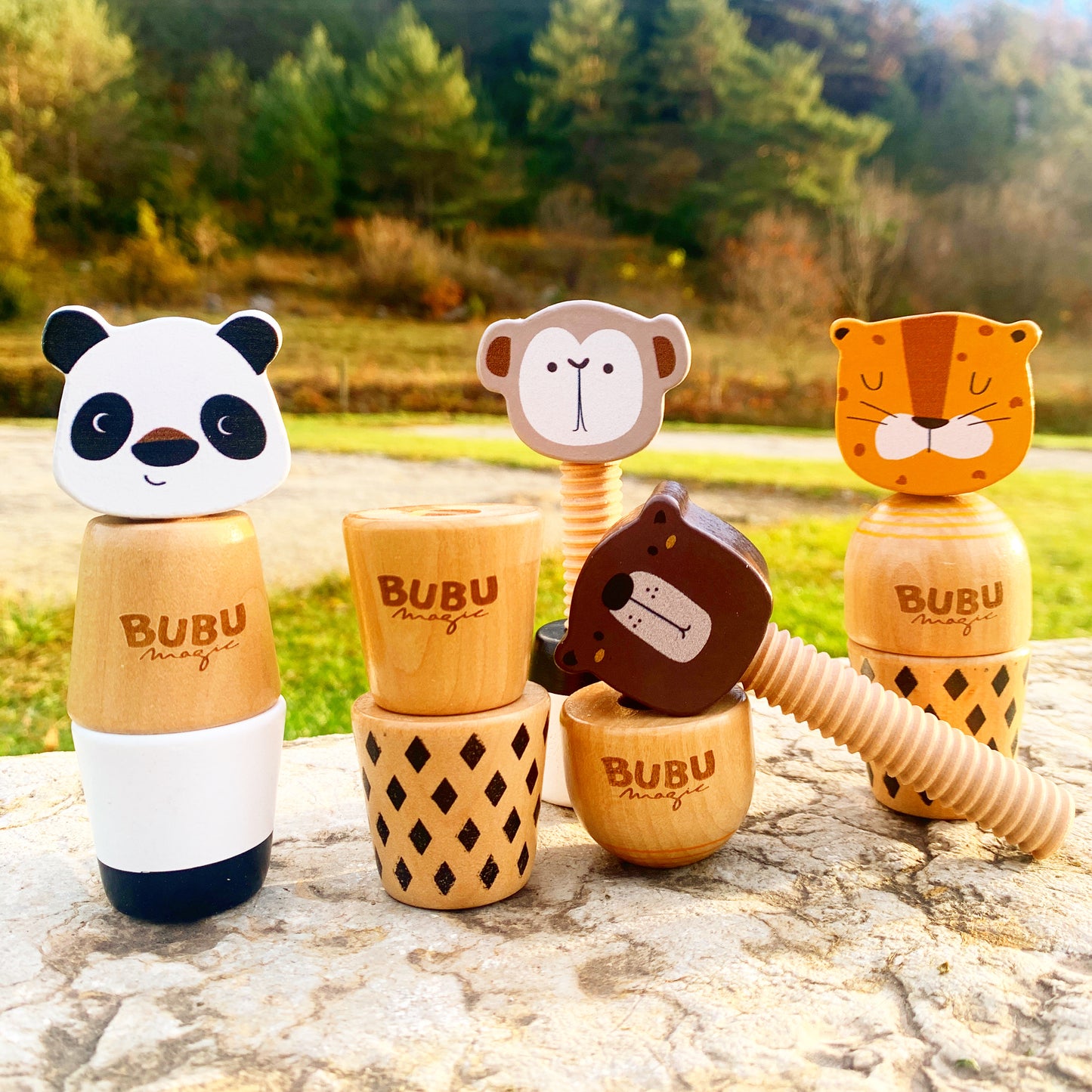 Colección completa animales apilables BubuMagic en madera natural. Juguete educativo.