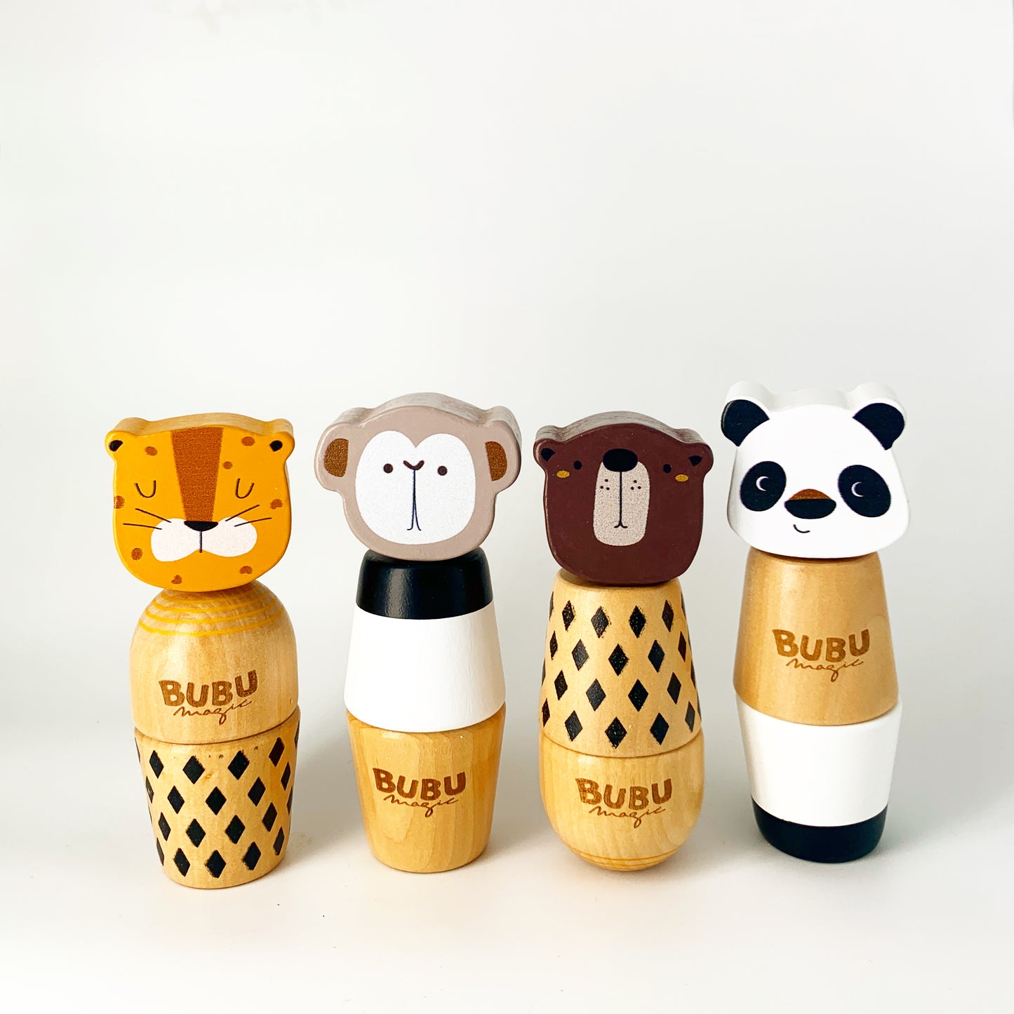Set de animales de madera apilables con rosca BubuMagic: tigre, mono, oso y panda. Juguete educativo artesanal.