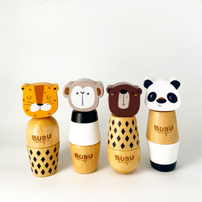Set de animales de madera apilables con rosca BubuMagic: tigre, mono, oso y panda. Juguete educativo artesanal.